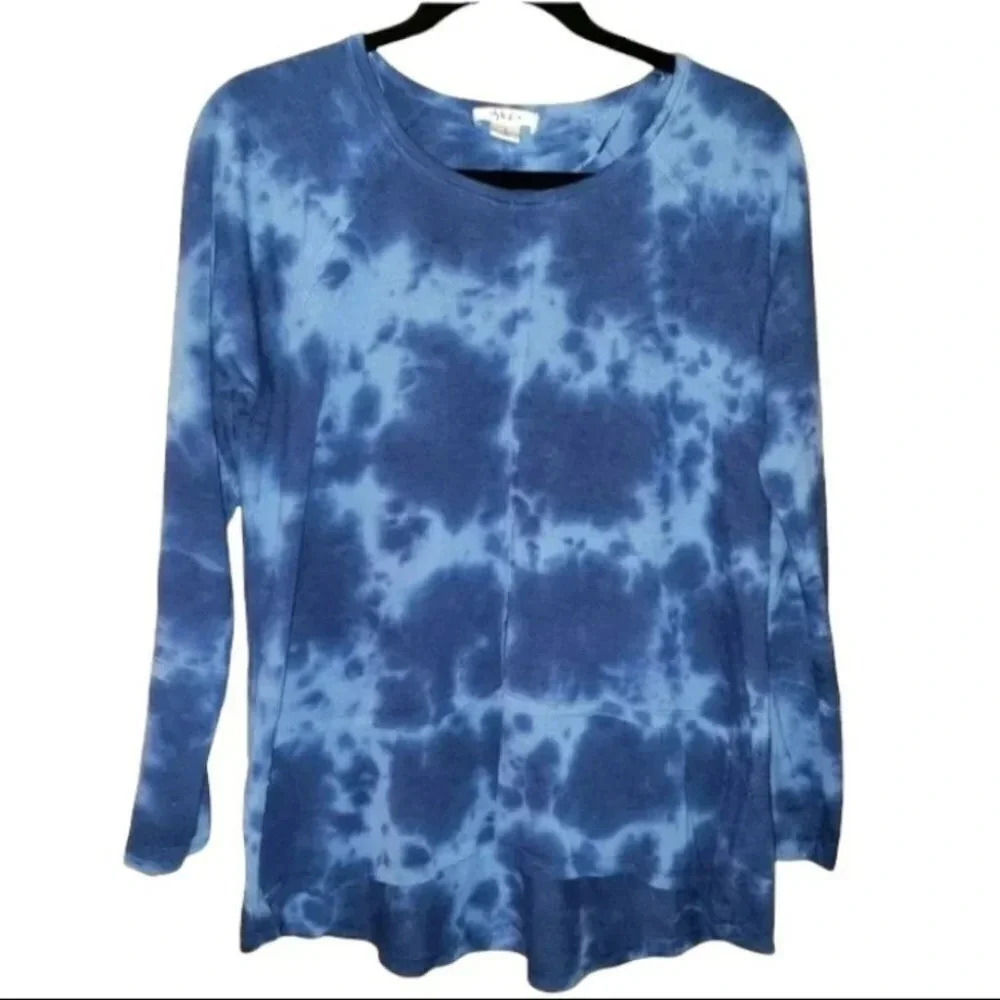 Style & Co Tie Dye Top M Blue Long Sleeve Crew Neck High-Low Casual Seam Detail‎